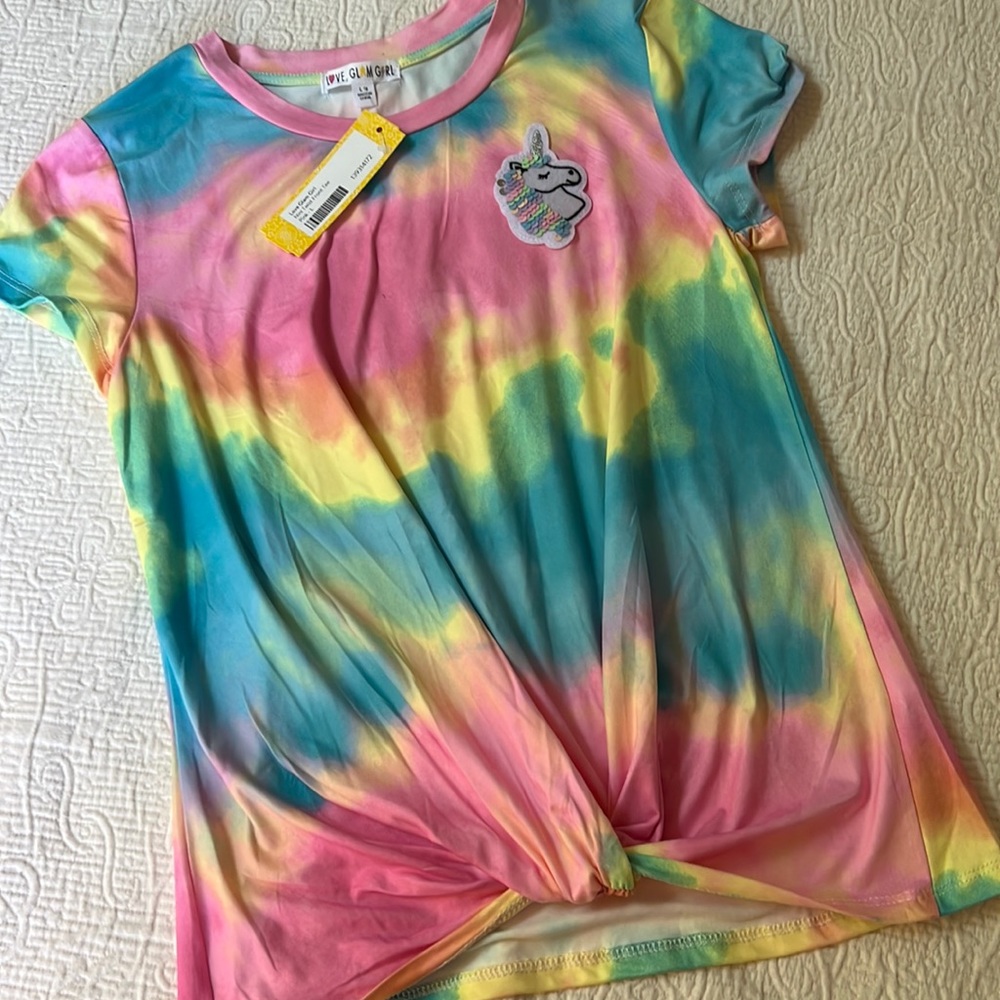 NWT Stitch Fix Kids tie dye twist front tee w unicorn logo